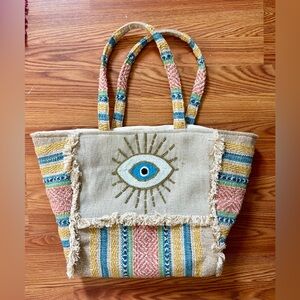 👜🧿Bohemian Eye Embroidered Tote Bag - Multicolor 🧿Beaded Jute NWT! IMMACULATE!